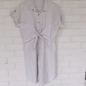 Doe & Rae Stripe Waist Tie Shirt Button Down Natural Tone Dress S